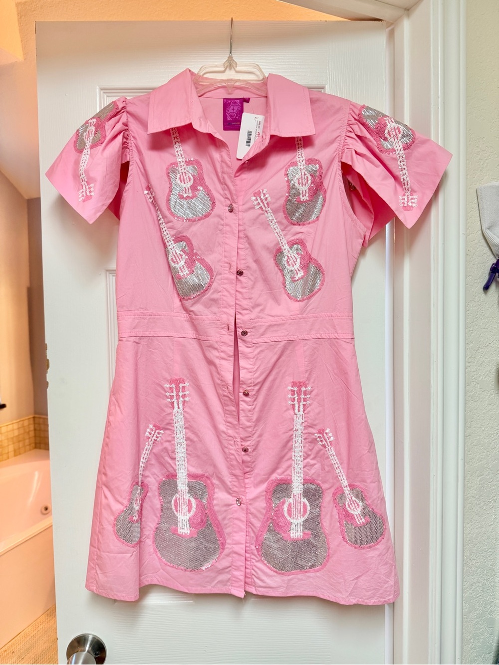 QUEEN OF SPARKLES Pink Mini Dress with Silver Guitar Appliqués